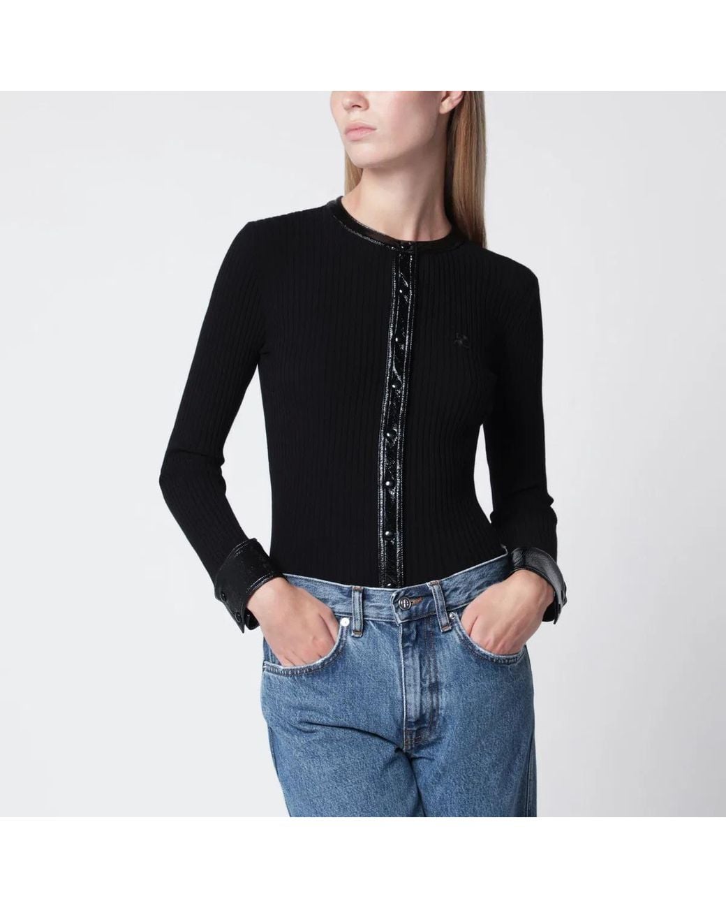 Courreges Black Courrèges Ribbed Viscose-Blend Cardigan With Vinyl Trim