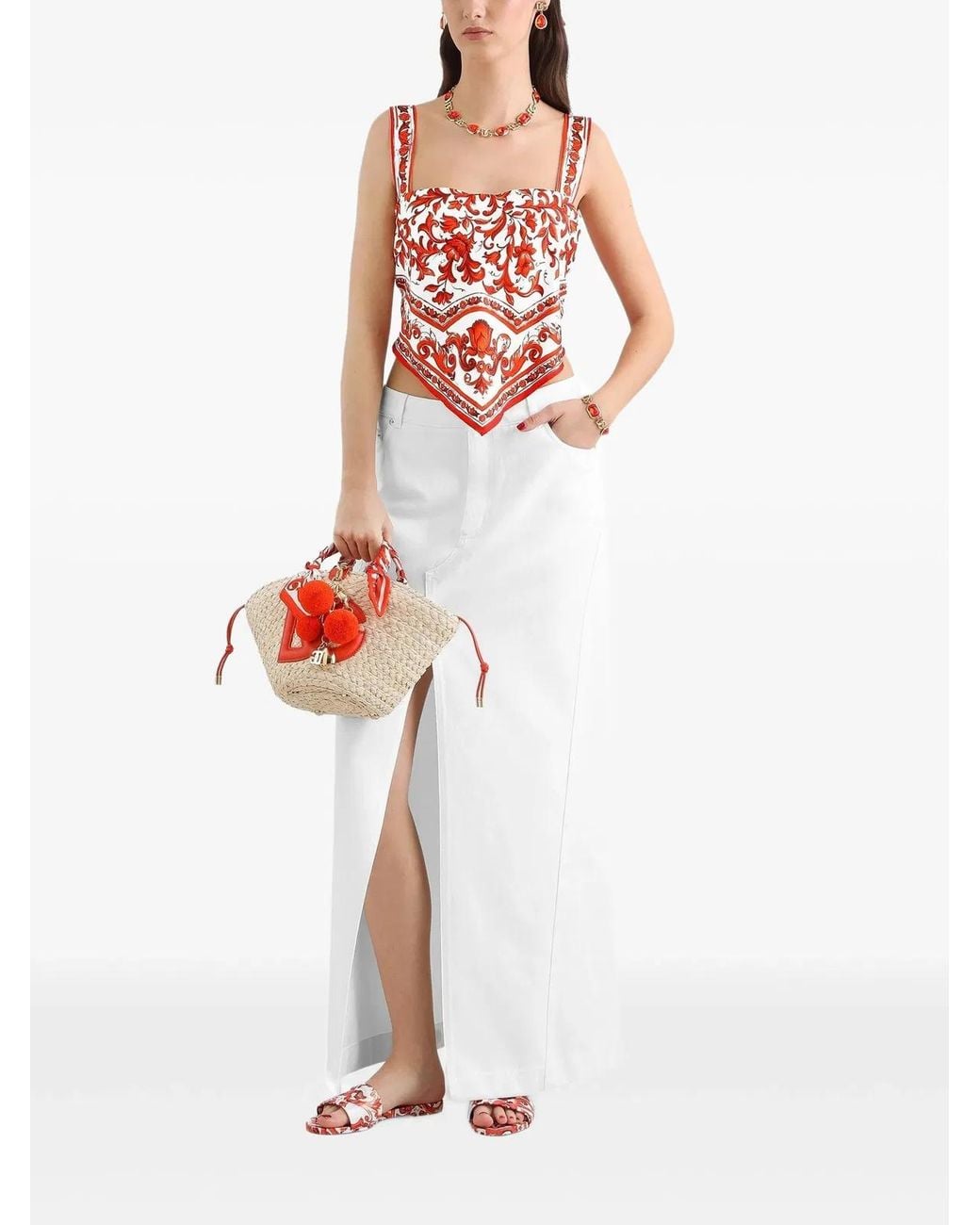 Dolce & Gabbana White Dolce & Gabbana Majolica-Print Silk Twill Bustier Top