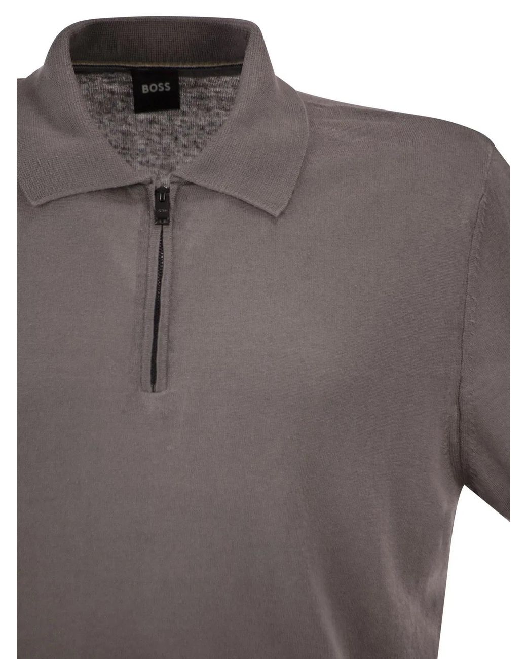 Boss Gray Linen And Viscose Polo Shirt With Zip And Contrast Trims for men