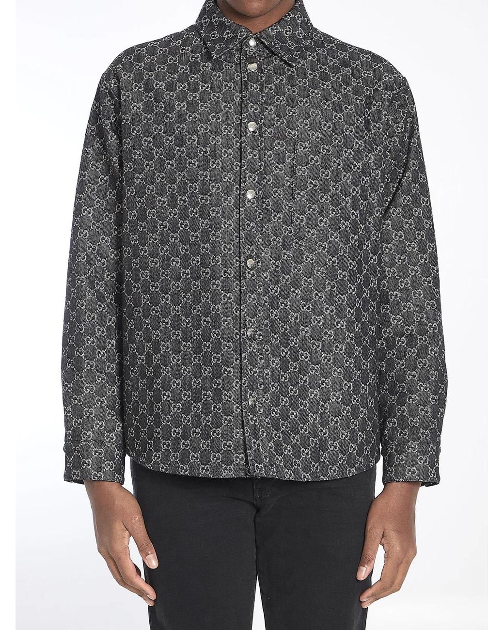 Gucci Gray Reversible Wool And Gg Denim Shirt for men