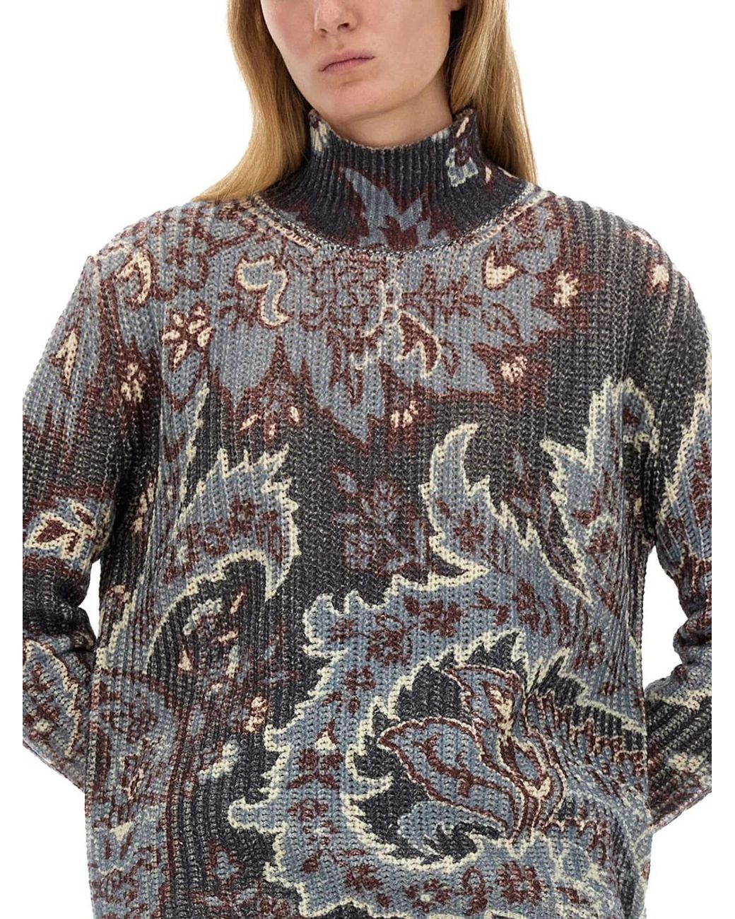 Etro Gray Floral Print High Neck Wool Top