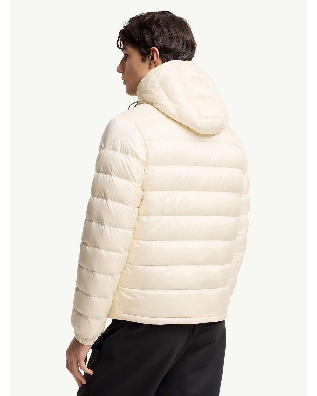 Moncler Natural Quilted Nylon Down Jacket With Detachable Hood, Zip Pockets & Tricolor Accent (Size 3) for men