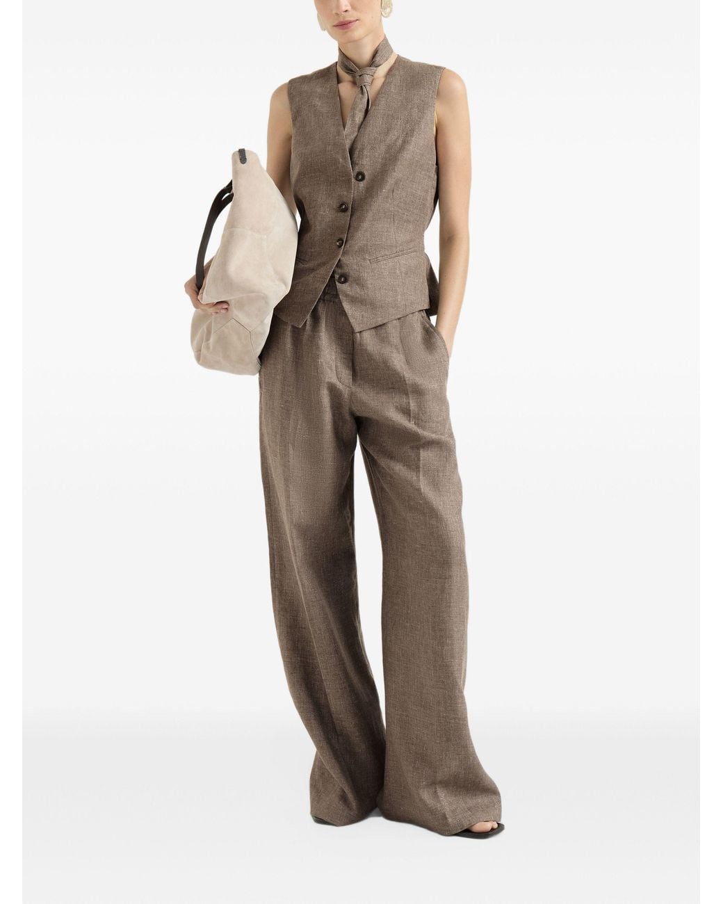 Brunello Cucinelli Natural Sparkling Linen Gilet With Lavallière