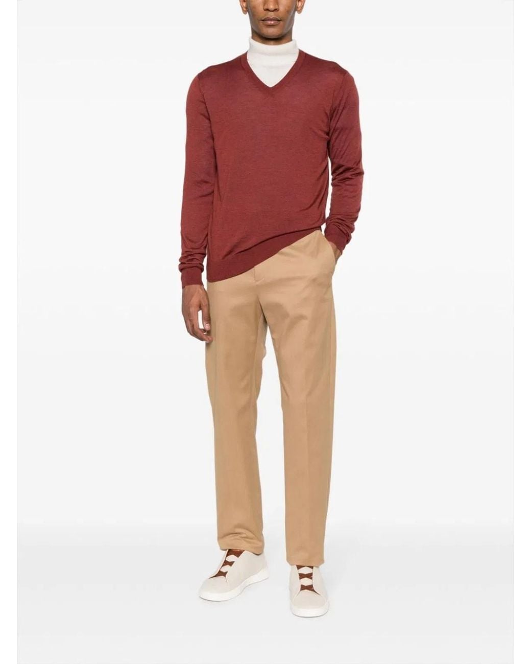 Colombo Red V Neck Cashmere-Silk Blend Sweater For for men