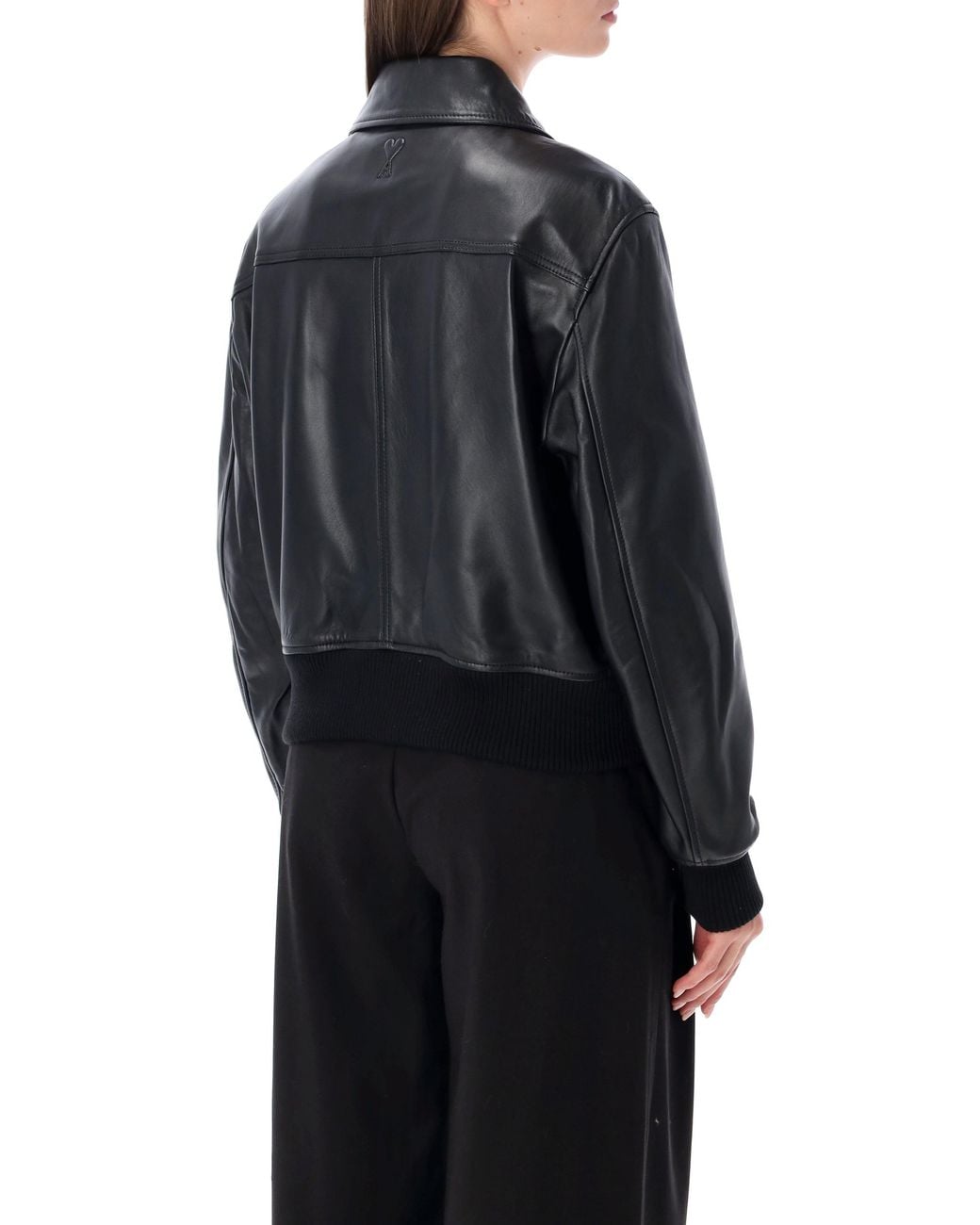 AMI Black Leather Bomber Jacket
