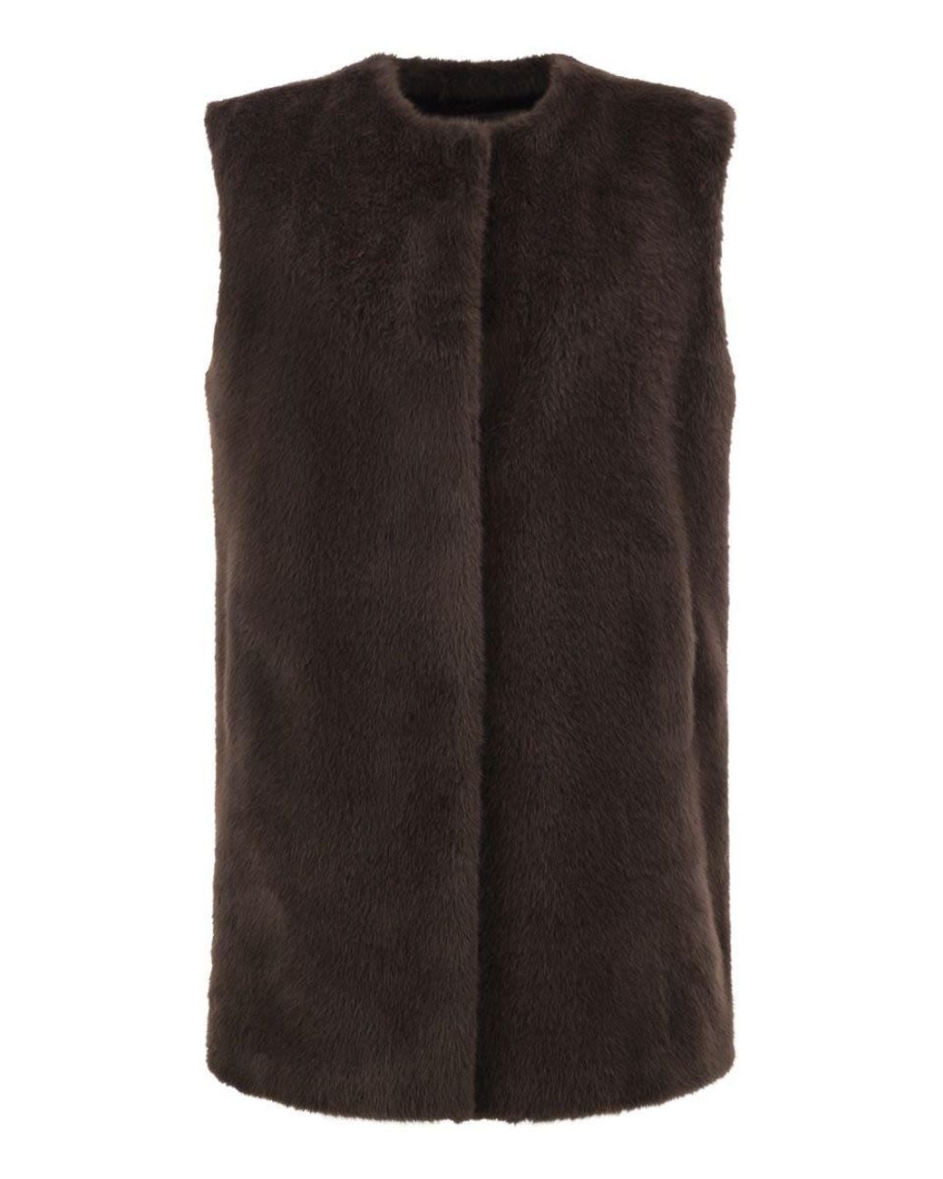 Herno Black Long Faux Fur-Effect Gilet With Round Neckline