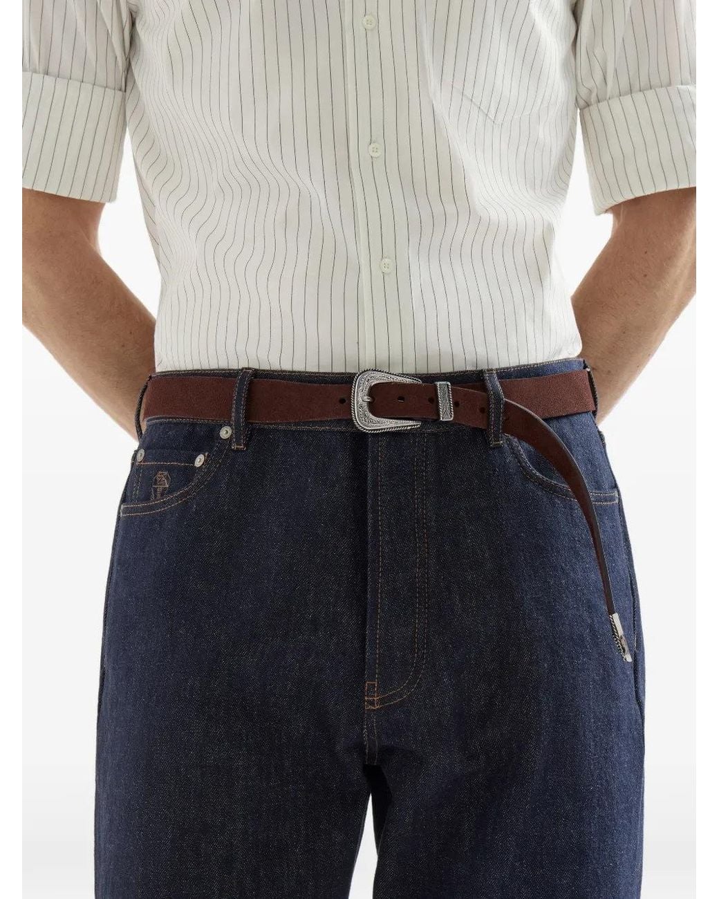 Brunello Cucinelli Brown Suede Leather Belt With Engraved Western Buckle for men