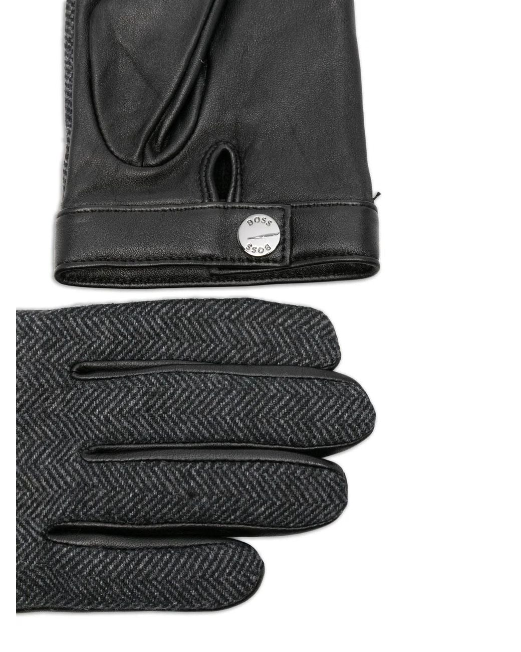 Boss Black Leather Wool Polyester Gloves for men