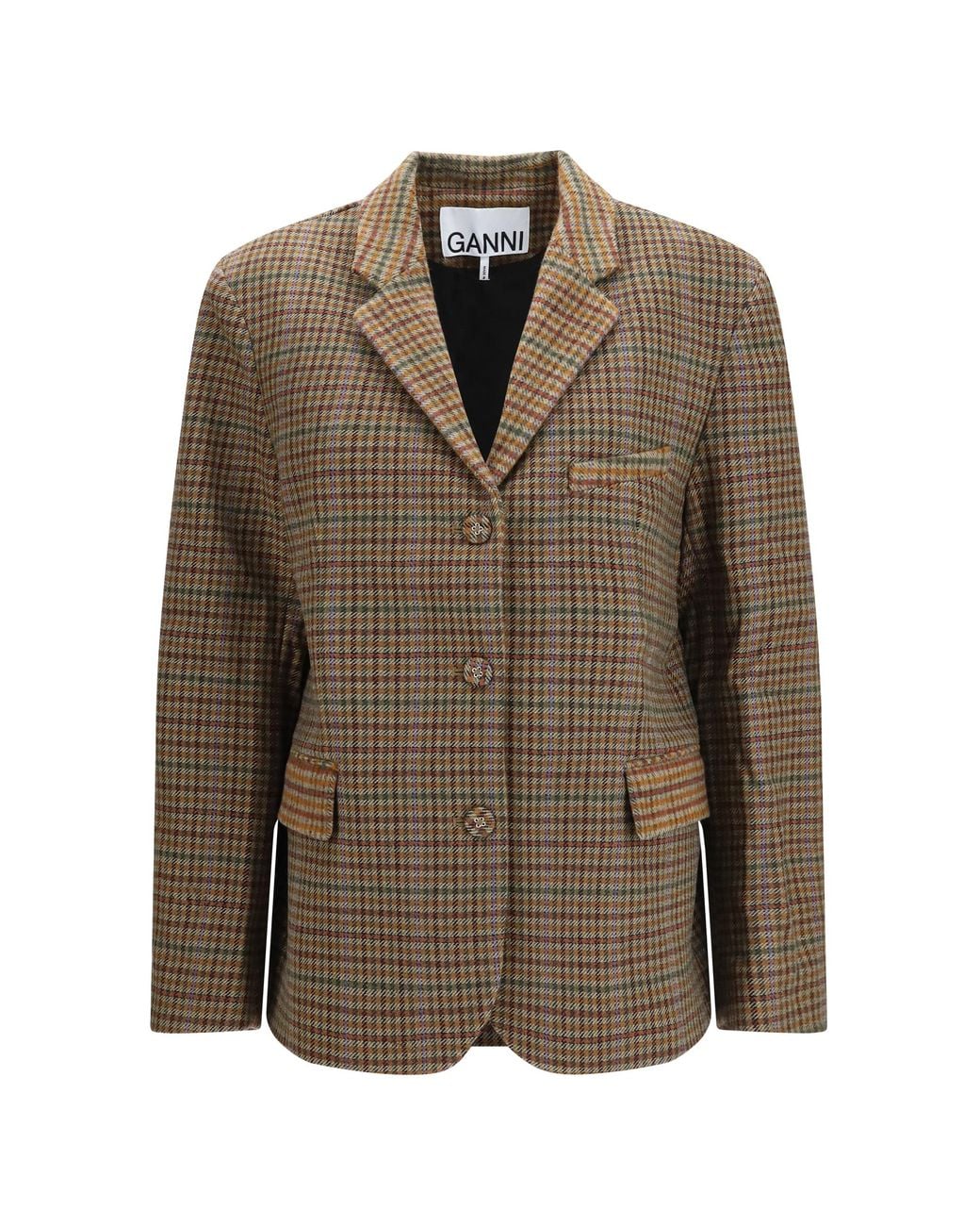 Ganni Brown Checked Twill Blazer
