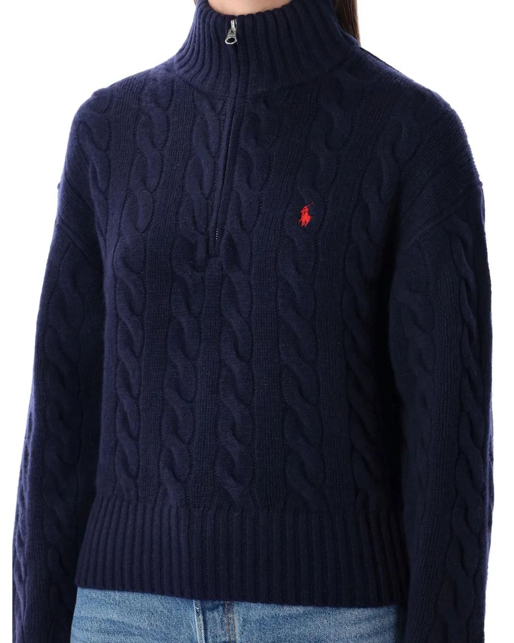 Polo Ralph Lauren Blue Wool And Cashmere Cable-Knit Half-Zip Sweater
