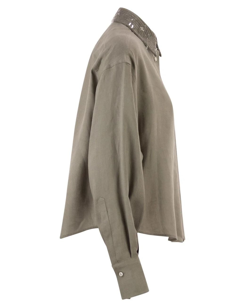 Brunello Cucinelli Green Linen Shirt With Sequin-Embroidered Collar