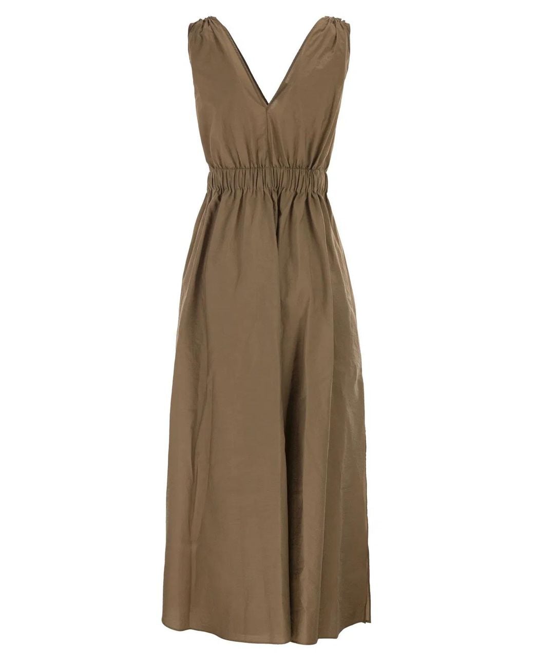 Brunello Cucinelli Natural Techno Cotton Poplin Dress With Belt And Precious Shoulder Detail