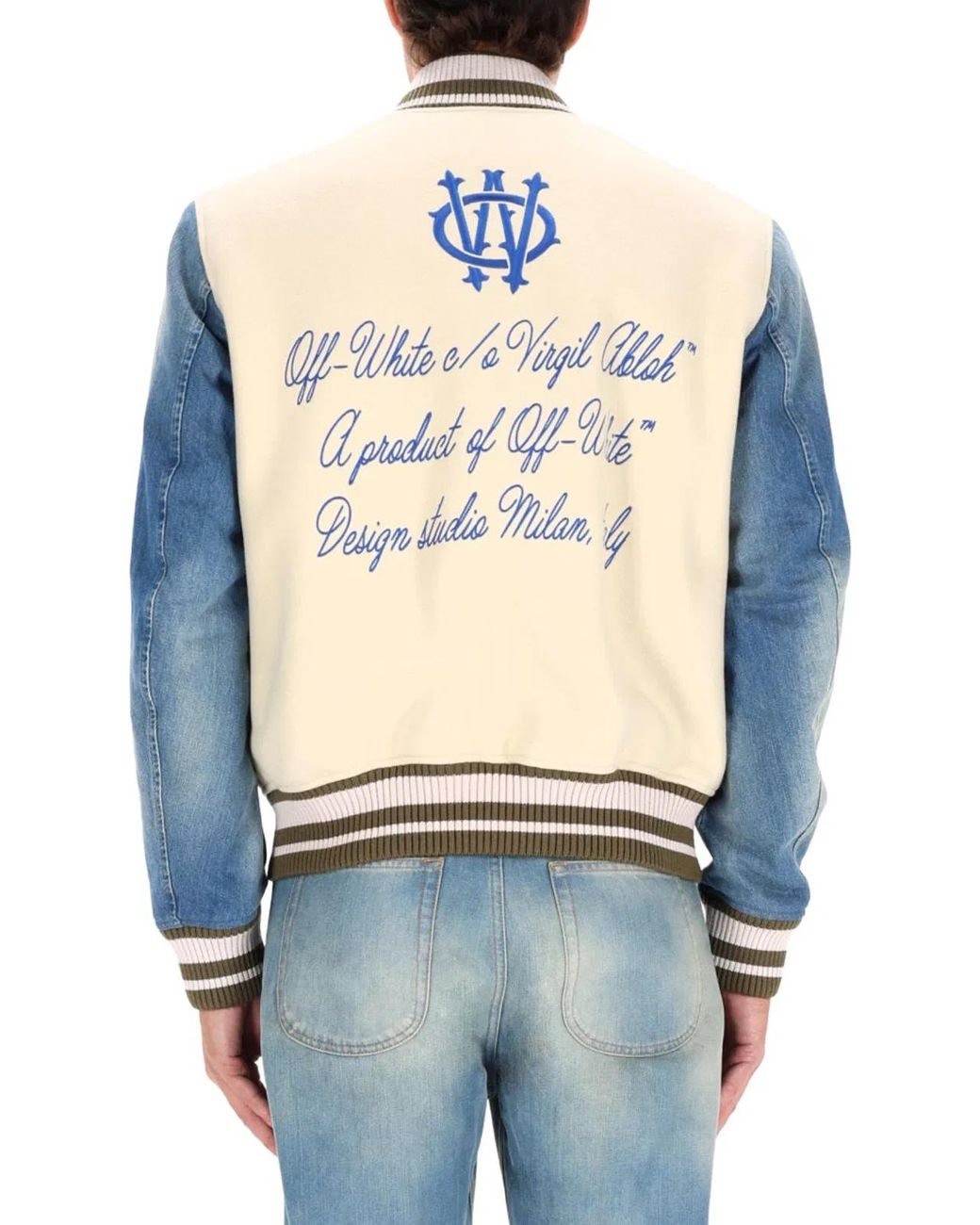 Off-White c/o Virgil Abloh Gray Ivory Bomber Jacket With Denim Sleeves for men
