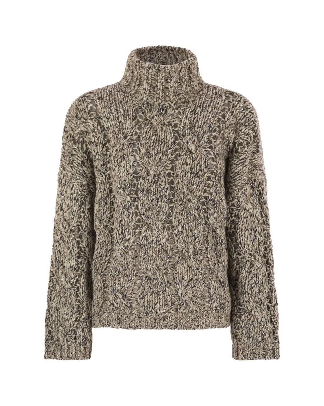 Brunello Cucinelli Brown Soft Wool, Cashmere And Mohair Turtleneck Sweater With Braided Design