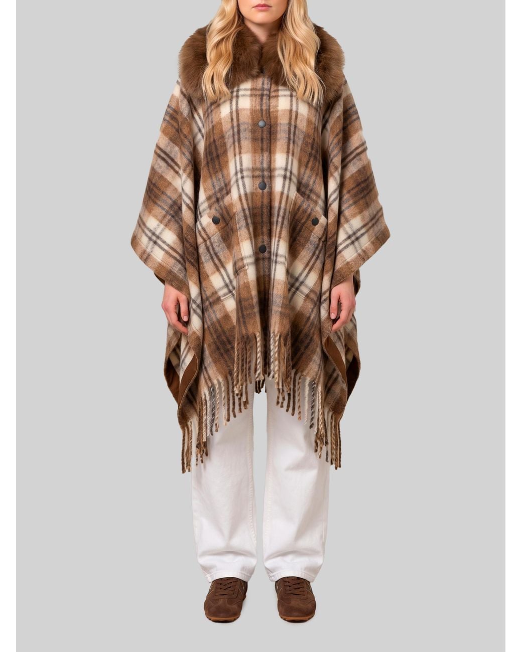 Moncler Multicolor Wool-Blend Cape With Shearling Collar