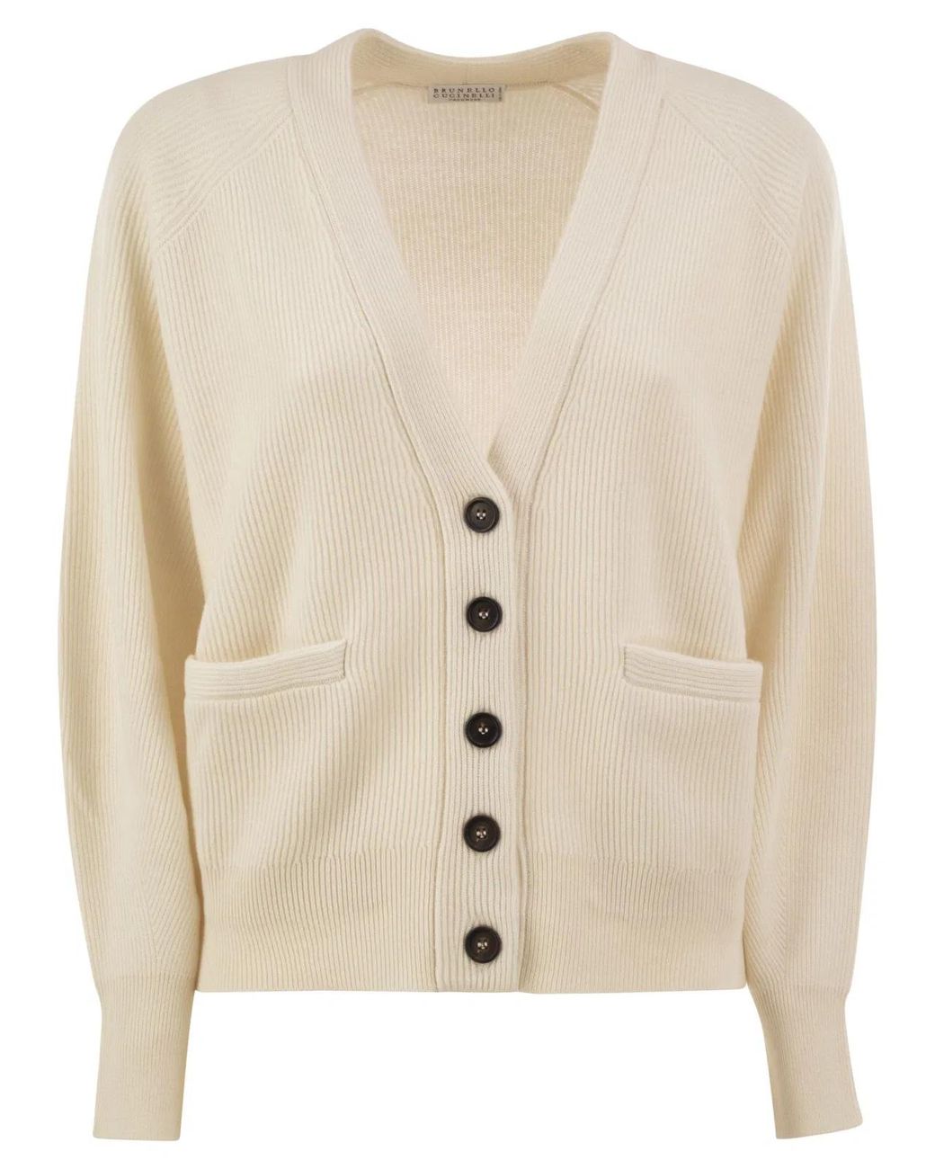 Brunello Cucinelli Natural Ribbed Cashmere V-Neck Cardigan