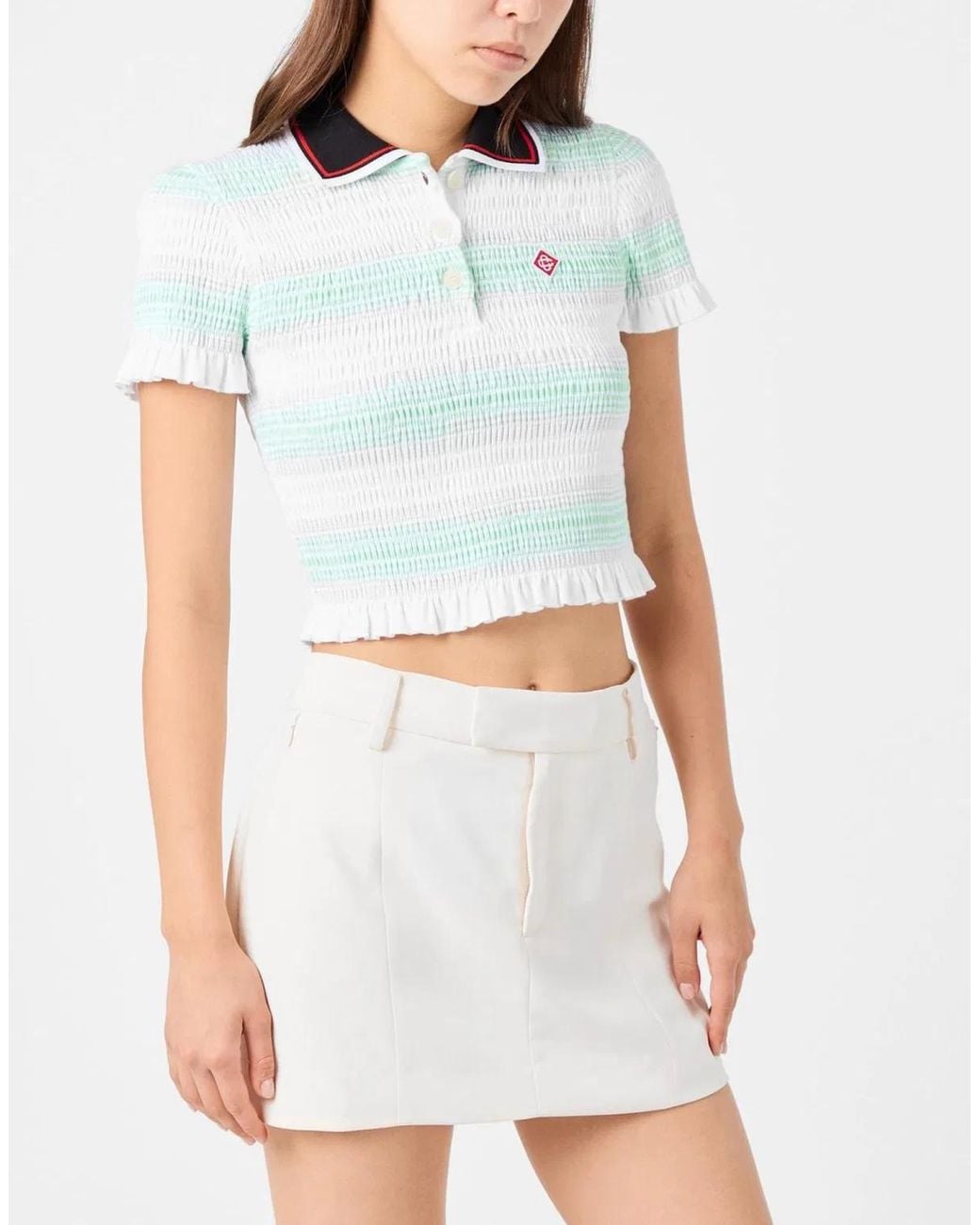 Casablanca White Stripe Shirred Polo Top