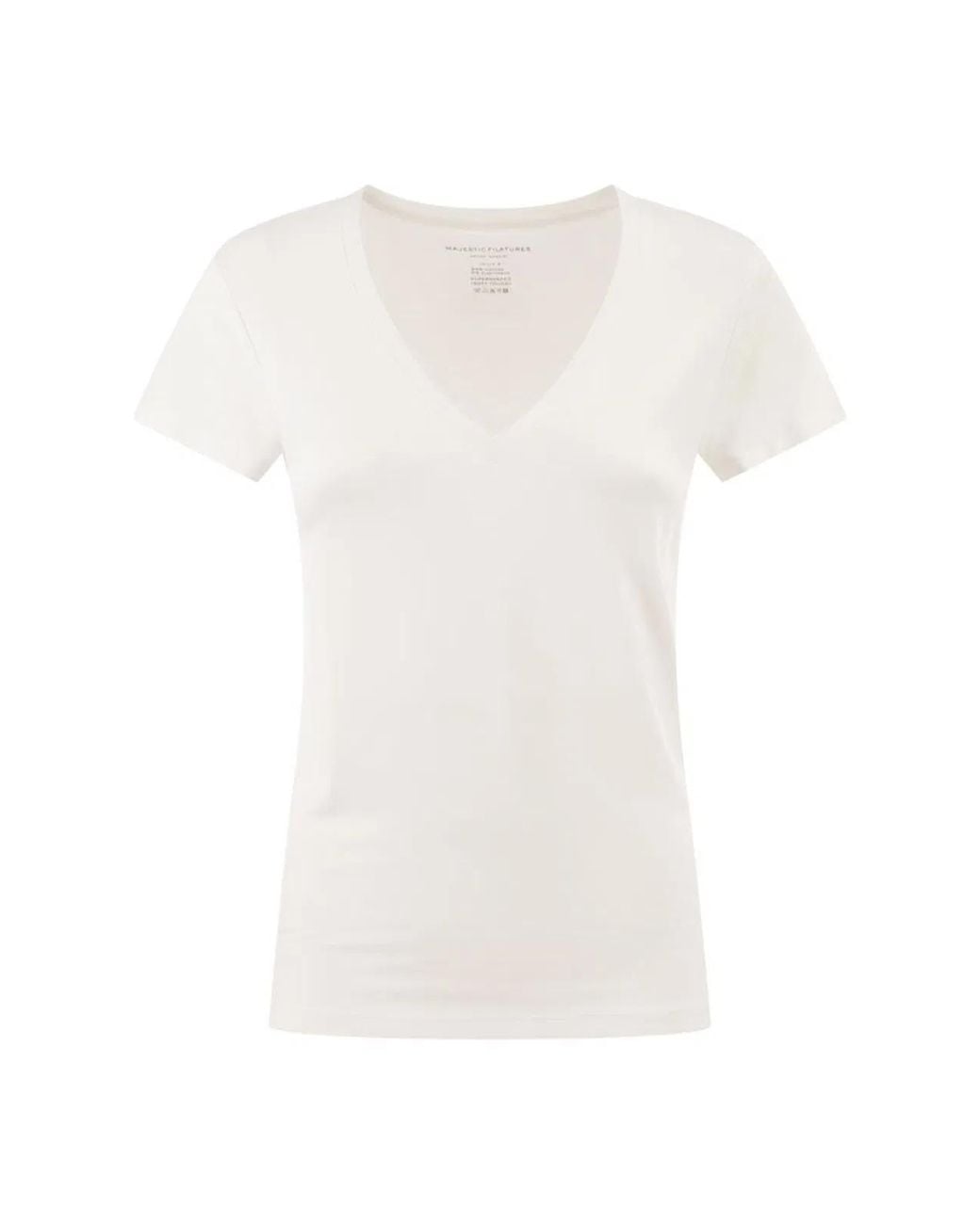 Majestic White Stretch Viscose T-Shirt With V-Neck