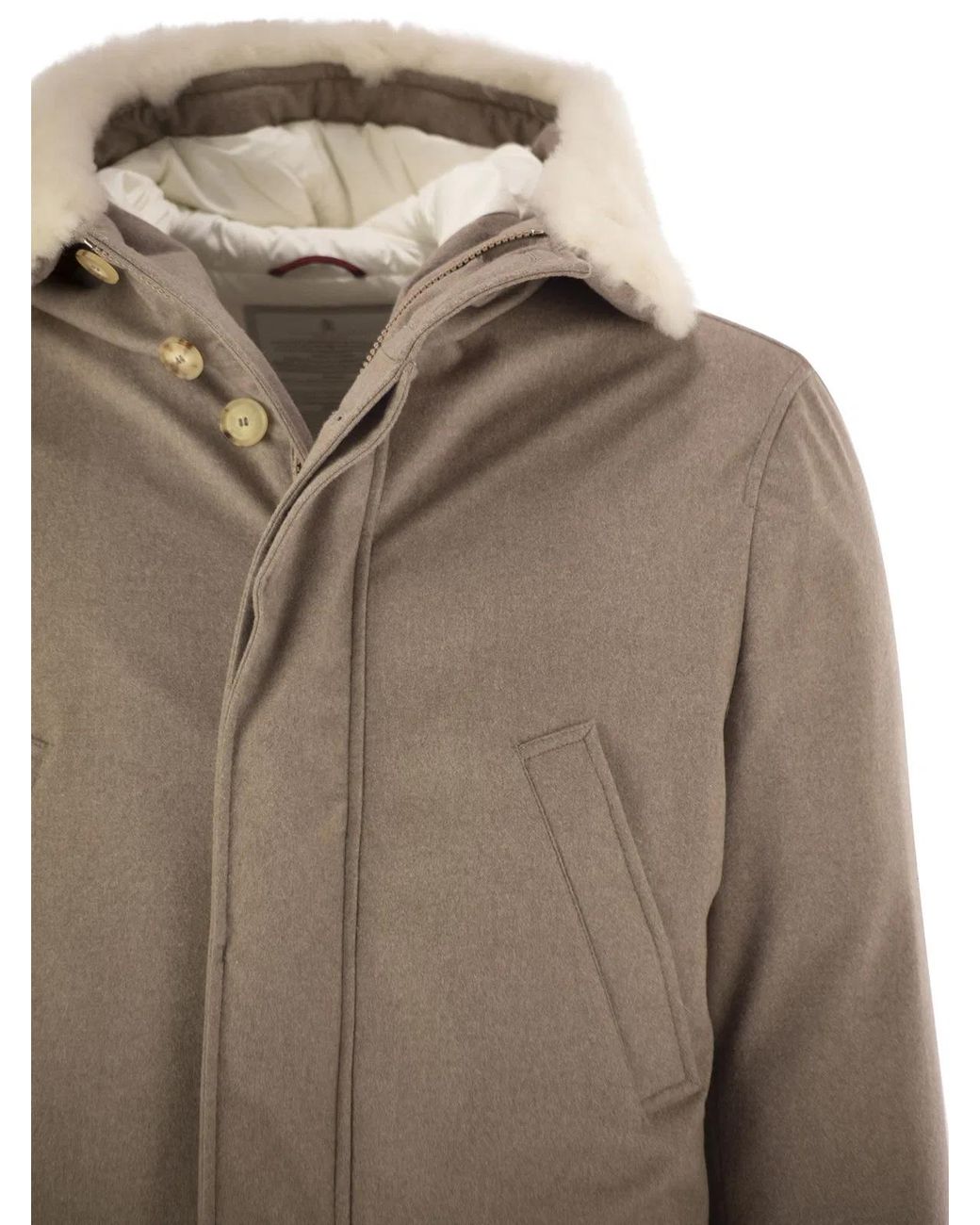 Brunello Cucinelli Brown Wool Coat With Fur Collar for men