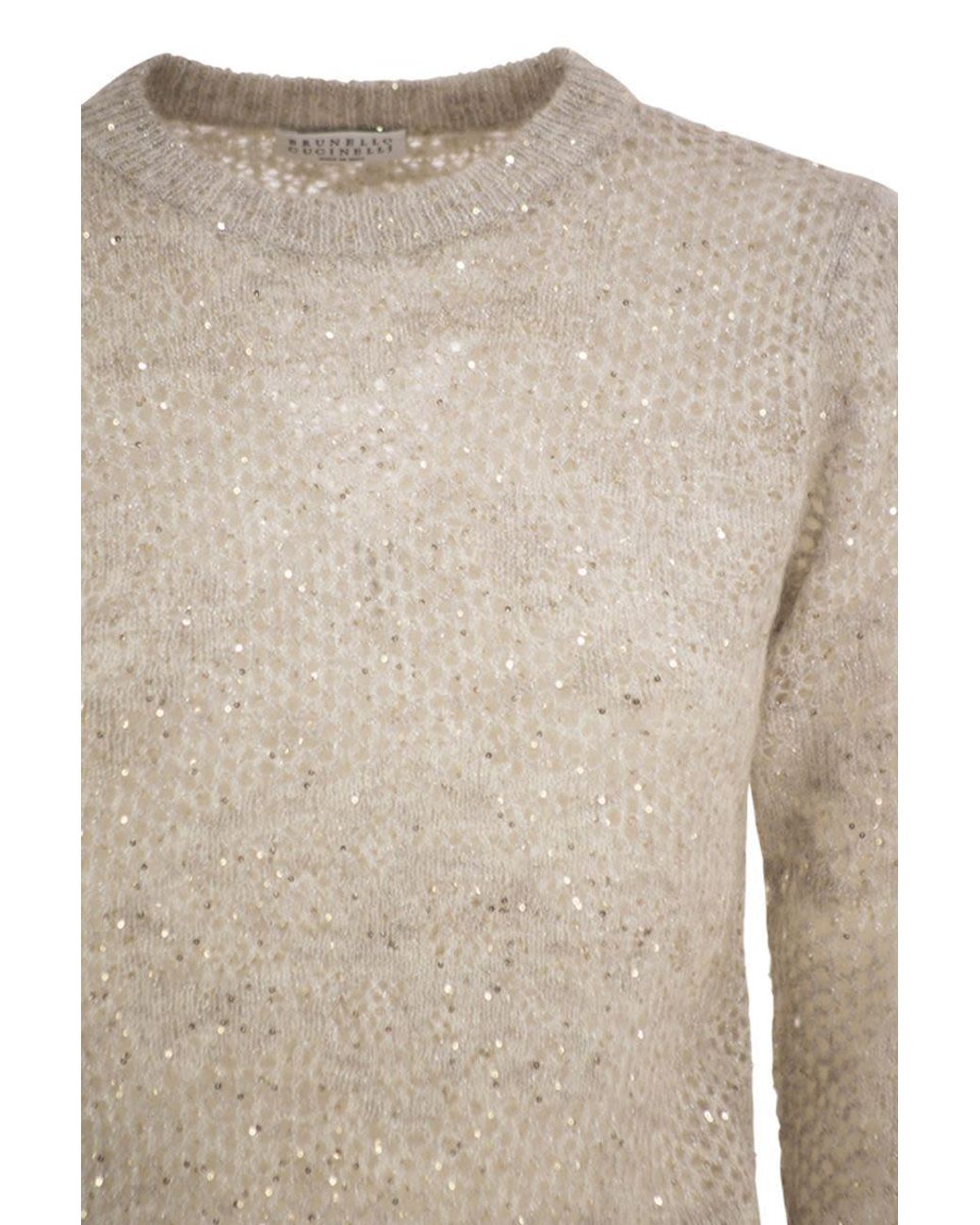 Brunello Cucinelli Natural Crew-Neck Mohair And Wool-Blend Sweater With Sequins