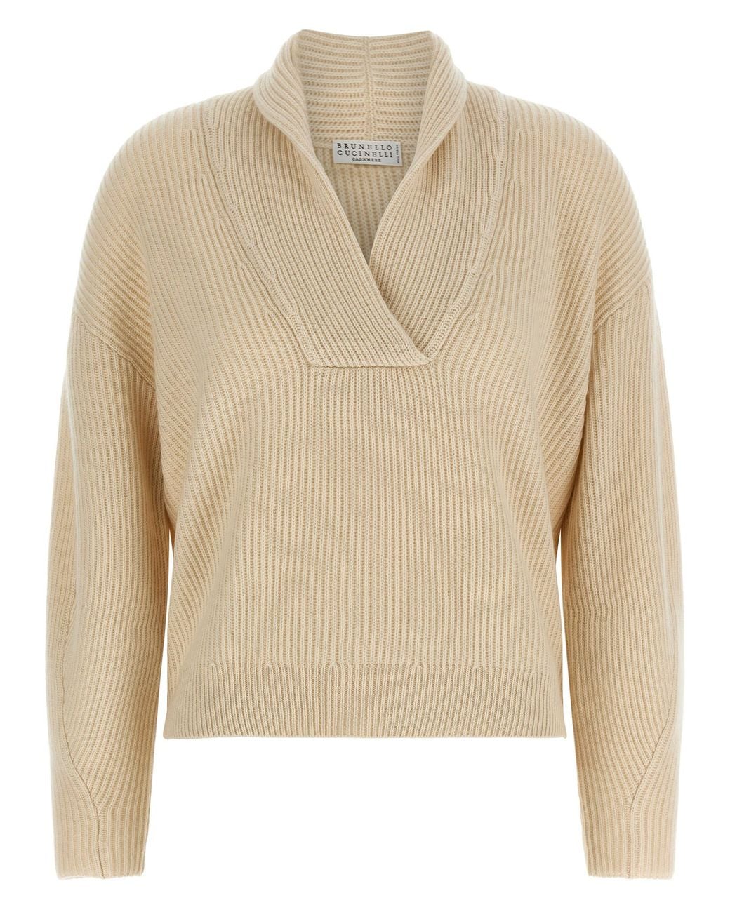 Brunello Cucinelli Natural Shawl Neck Ribbed Sweater