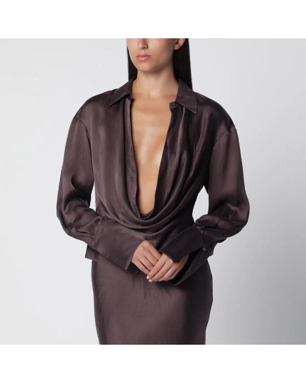 ANDAMANE Red Deep Neckline Rouge Noir Satin Shirt