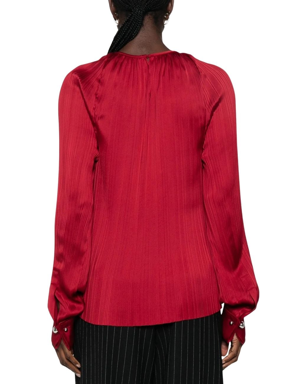 Lanvin Red Pleated Long-Sleeve Blouse