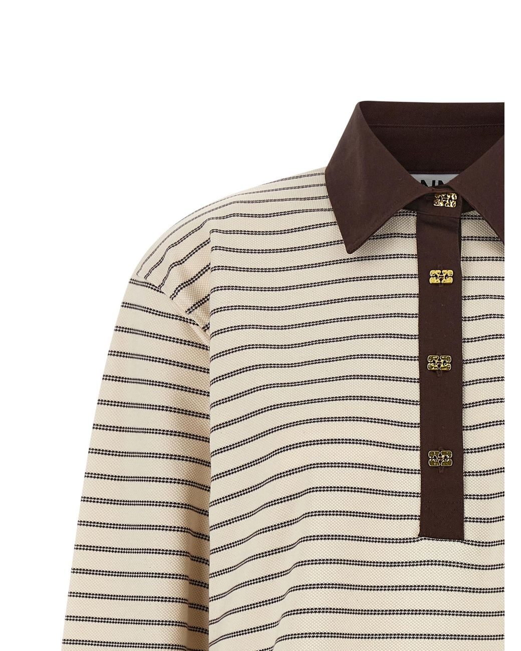 Ganni Brown Striped Cotton Polo Shirt