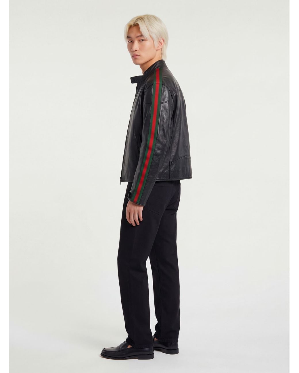 Gucci Gray Leather Biker Jacket With Web Detail for men