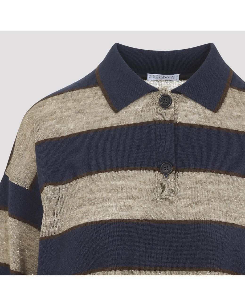 Brunello Cucinelli Blue Sparkling Stripes Cropped Polo Shirt