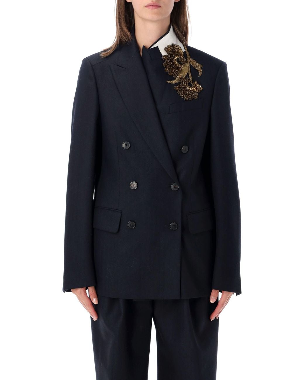 Dries Van Noten Blue Embellished Double-Breasted Wool Blazer