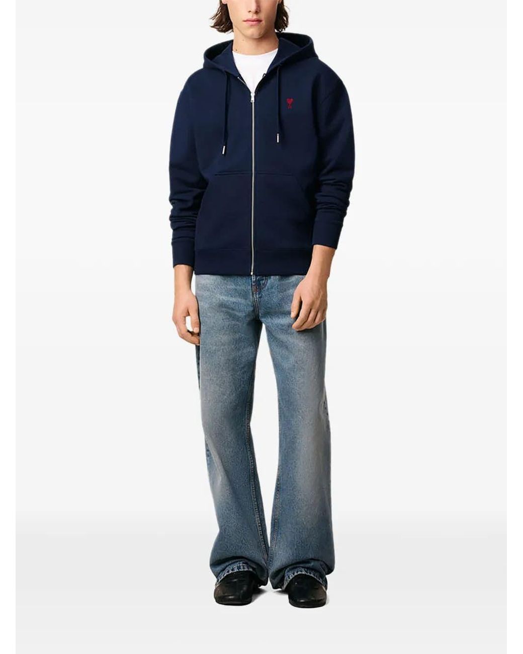 AMI Blue Zipped Cotton Hoodie With Ami De Coeur for men