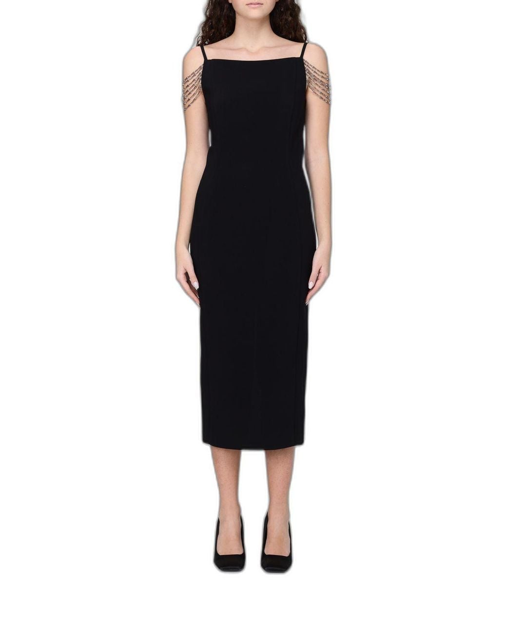 Pinko Black Midi Dress With Jewelled Shoulders