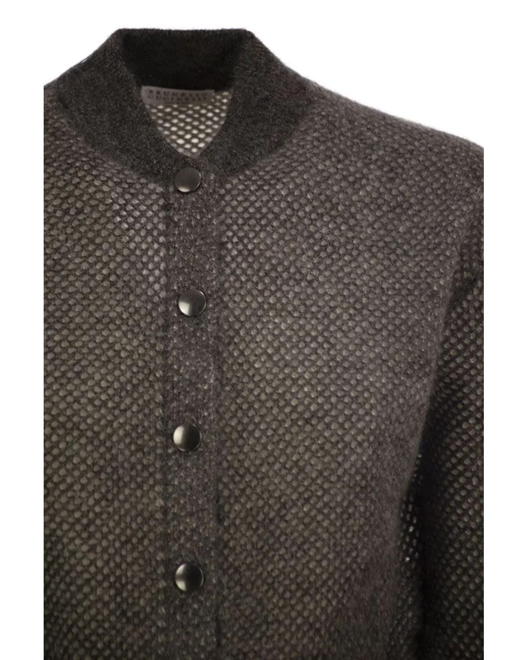 Brunello Cucinelli Gray Openwork Mohair Cardigan With Shimmering Yarn