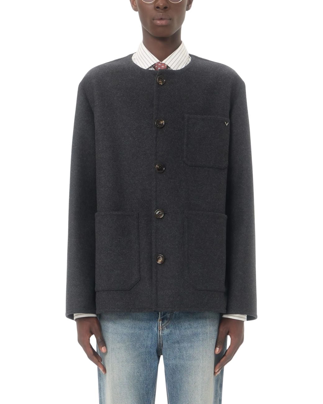 Valentino Black Double Wool Caban With Metallic V Detail for men