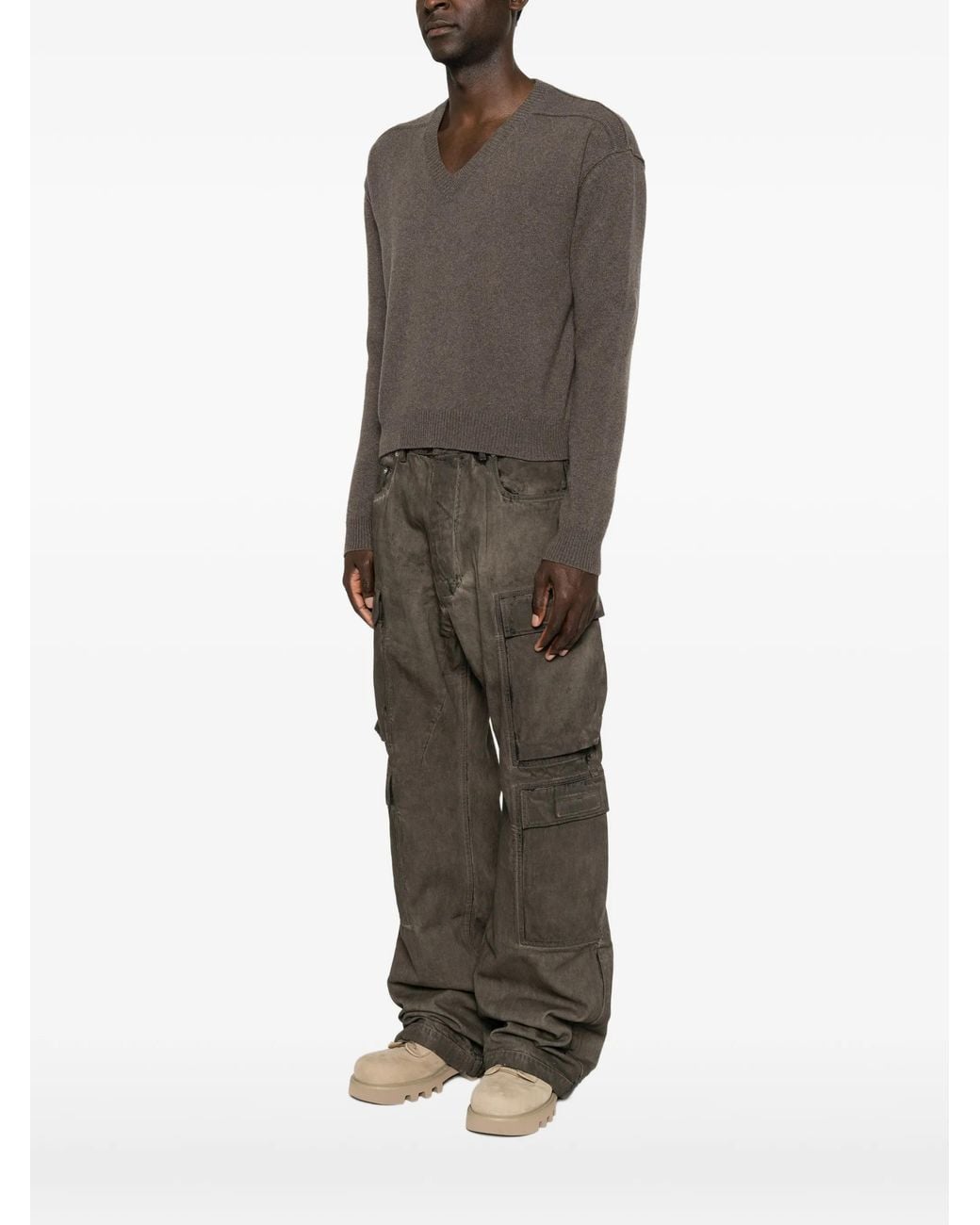 Rick Owens Brown V-Neck Sweater for men