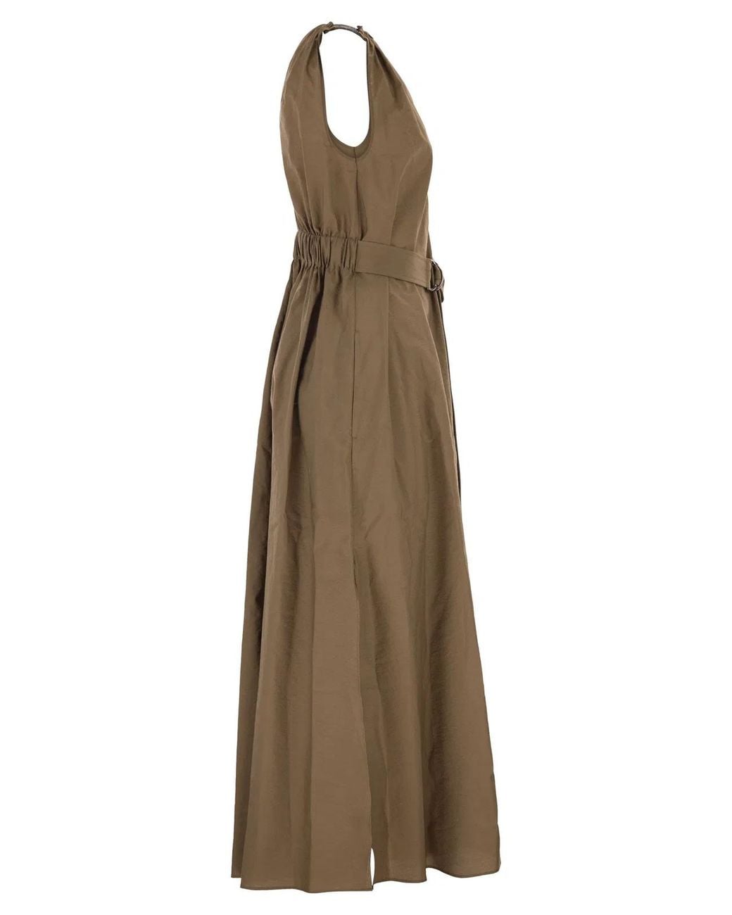 Brunello Cucinelli Natural Techno Cotton Poplin Dress With Belt And Precious Shoulder Detail