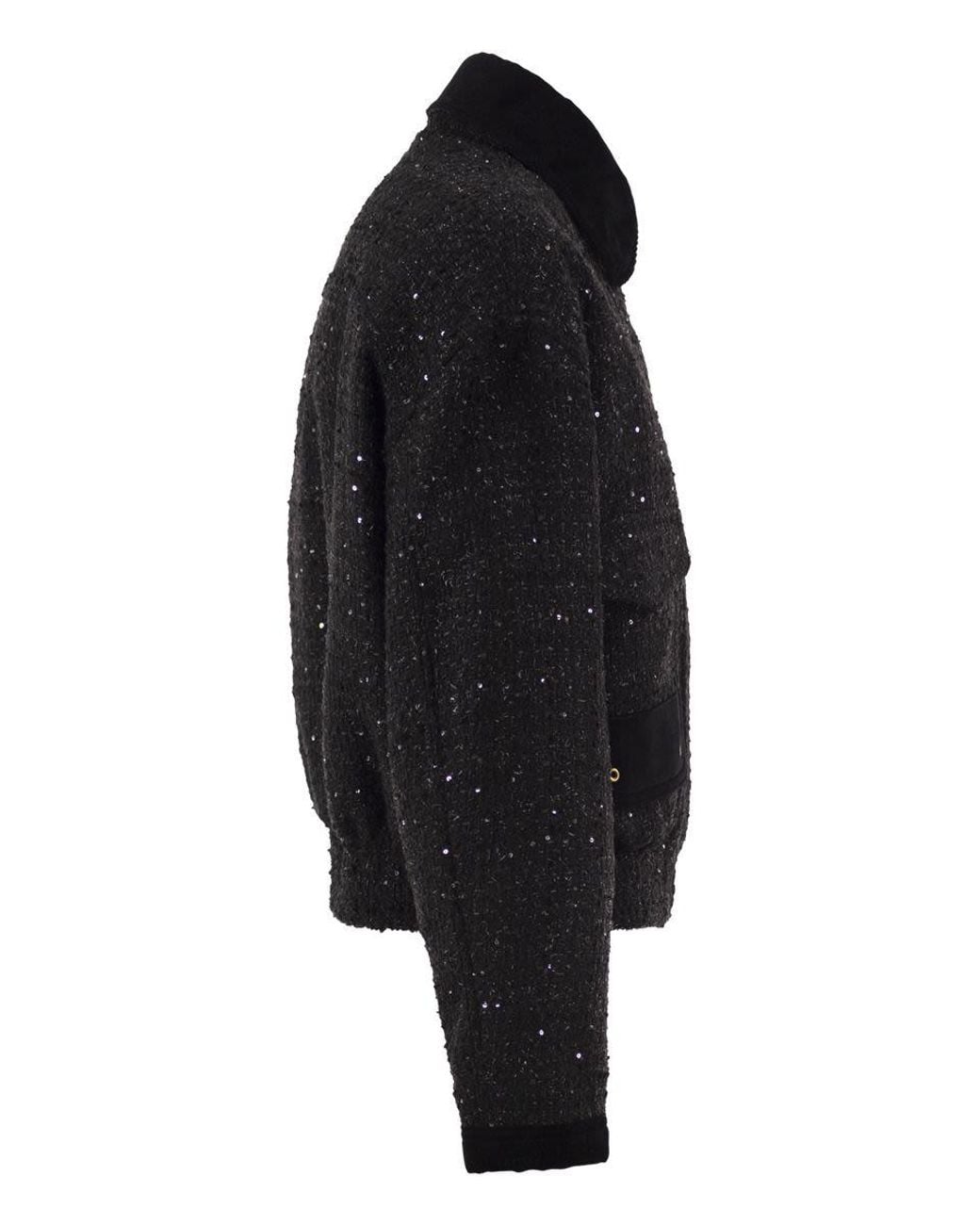 Fay Black Cropped Tweed Jacket With Sequins And Hooks
