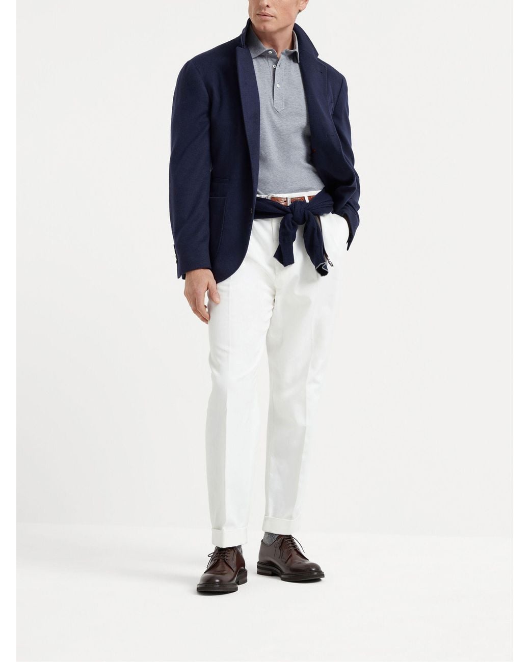 Brunello Cucinelli Blue Cotton Jersey Polo With Shirt-Style Collar for men