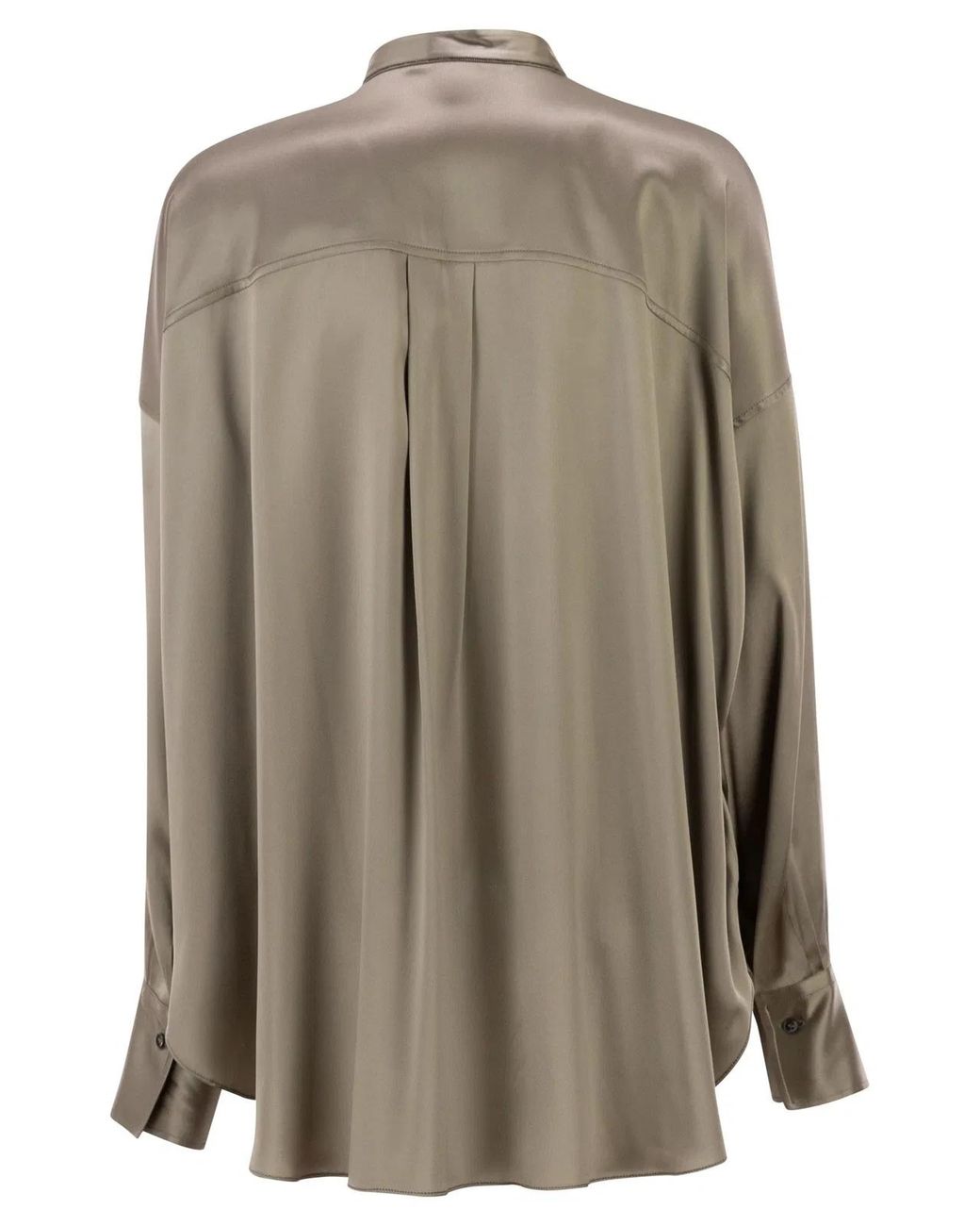 Brunello Cucinelli Natural Stretch Silk Satin Mandarin Collar Shirt With Necklace