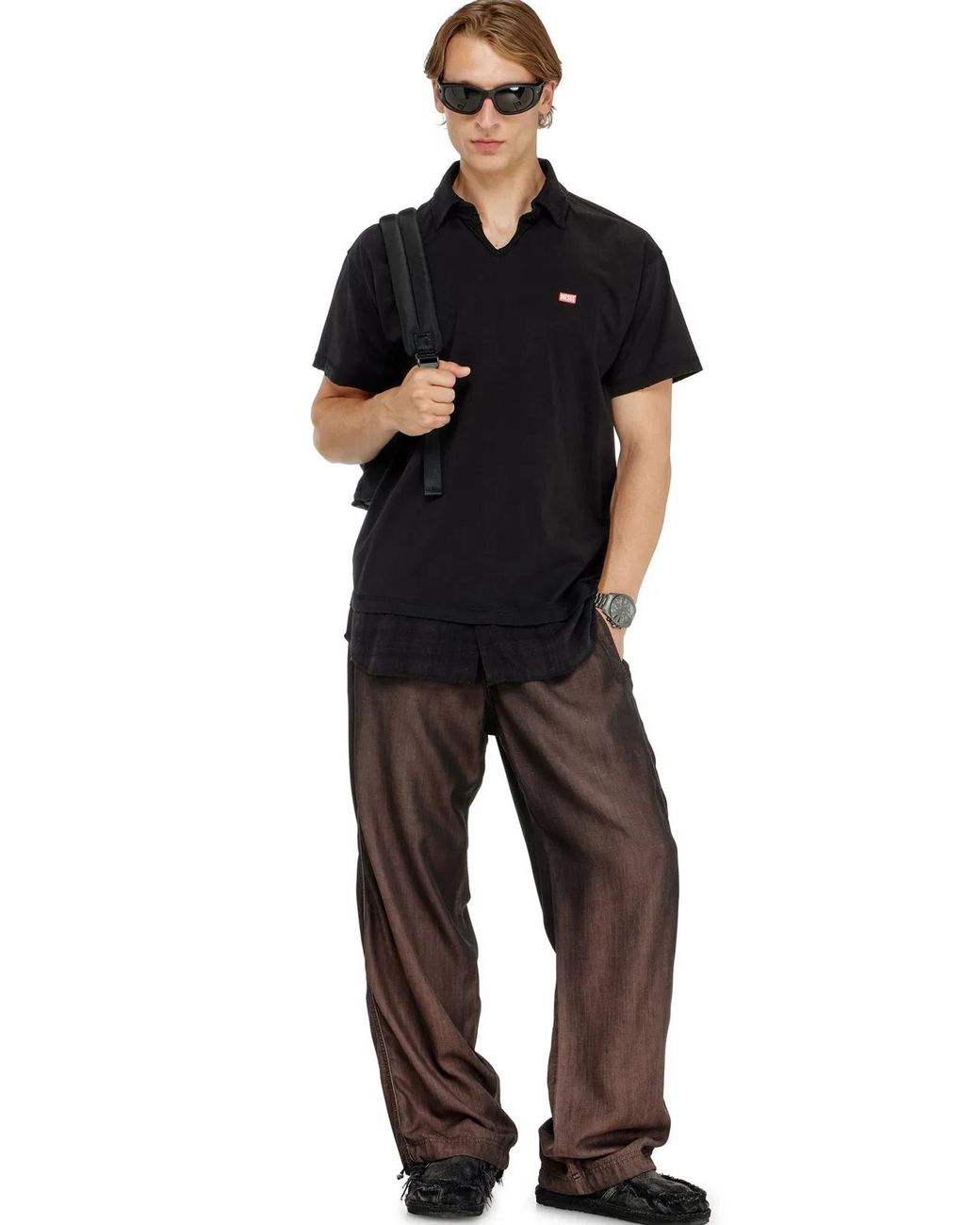 DIESEL Black Jersey Polo Shirt With Check Flannel Trims for men