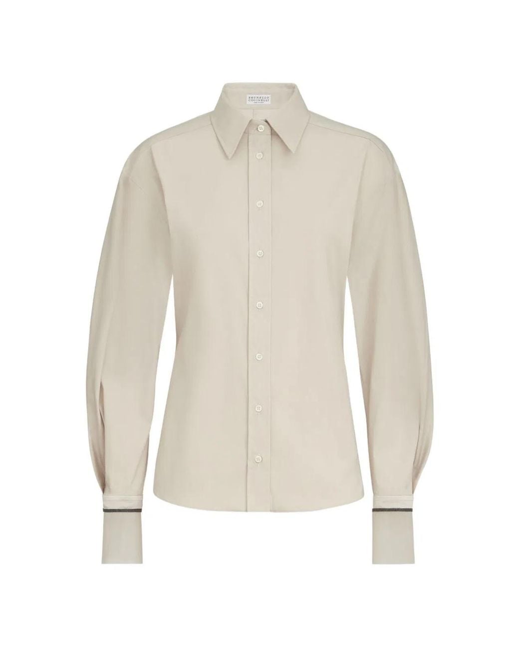 Brunello Cucinelli White Stretch Cotton Poplin Shirt Featuring Shiny Silk Cuffs And Monili Embroidery