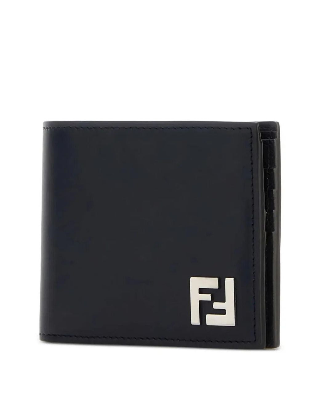 Fendi Blue Squared Ff Leather And Ff Canvas Compact Bi-Fold Wallet for men