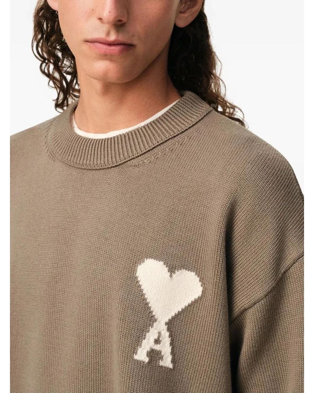 AMI Natural Taupe Ecru Wool Crewneck Sweater for men