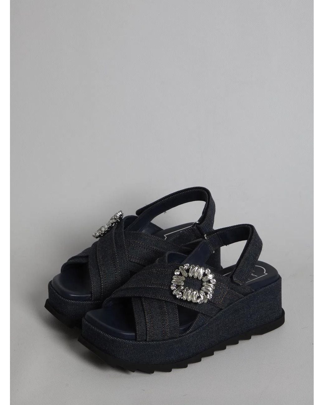 Roger Vivier Black Denim Wedge Sandals
