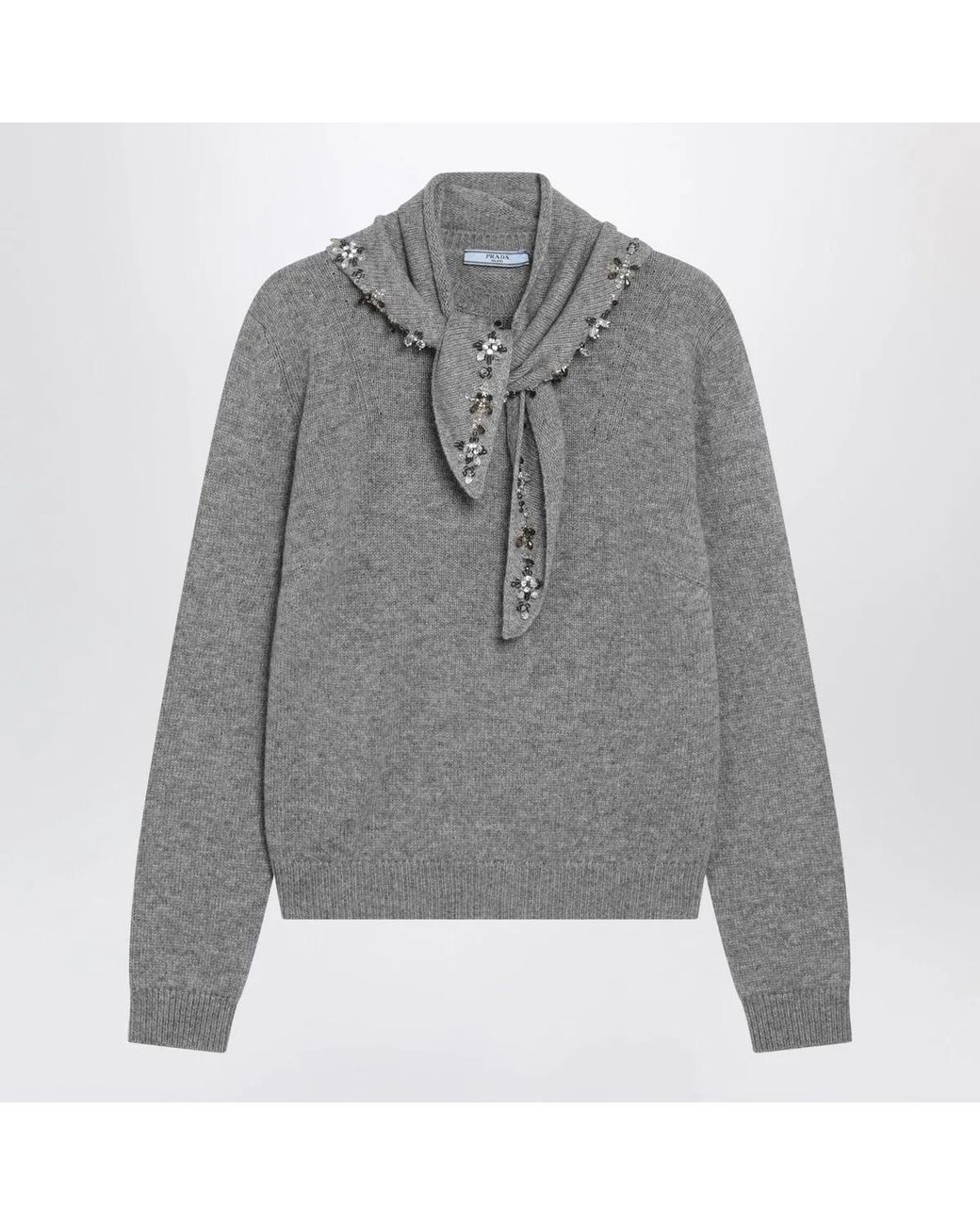 Prada Gray Cashmere Sweater With Jeweled Scarf