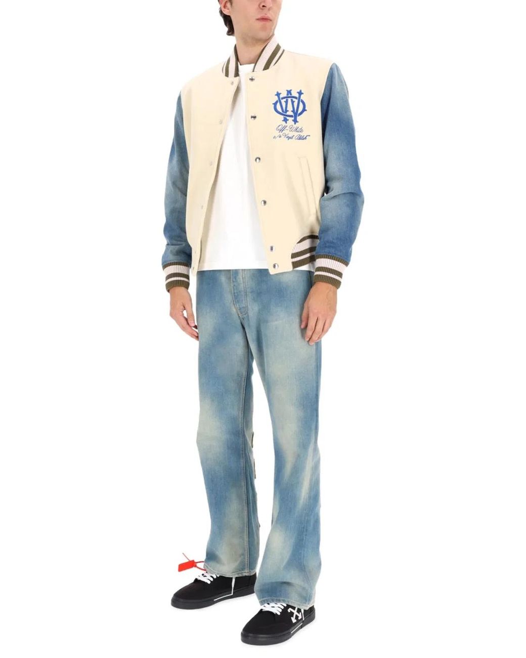 Off-White c/o Virgil Abloh Gray Ivory Bomber Jacket With Denim Sleeves for men
