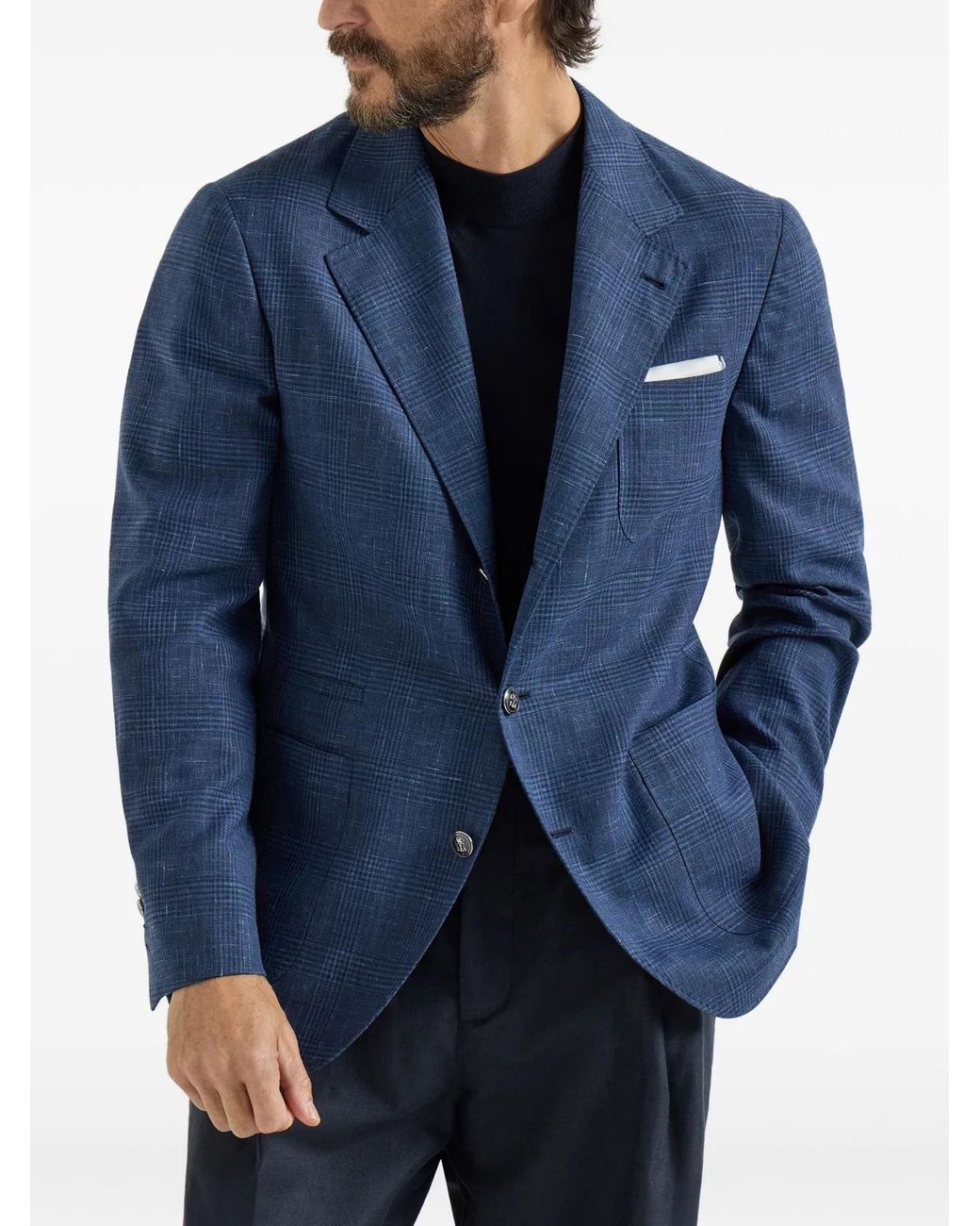 Brunello Cucinelli Blue Prince Of Wales Deconstructed Blazer for men