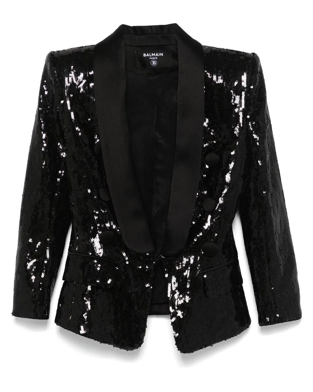 Balmain Black V-Neck Glitter Satin Tailored Jacket