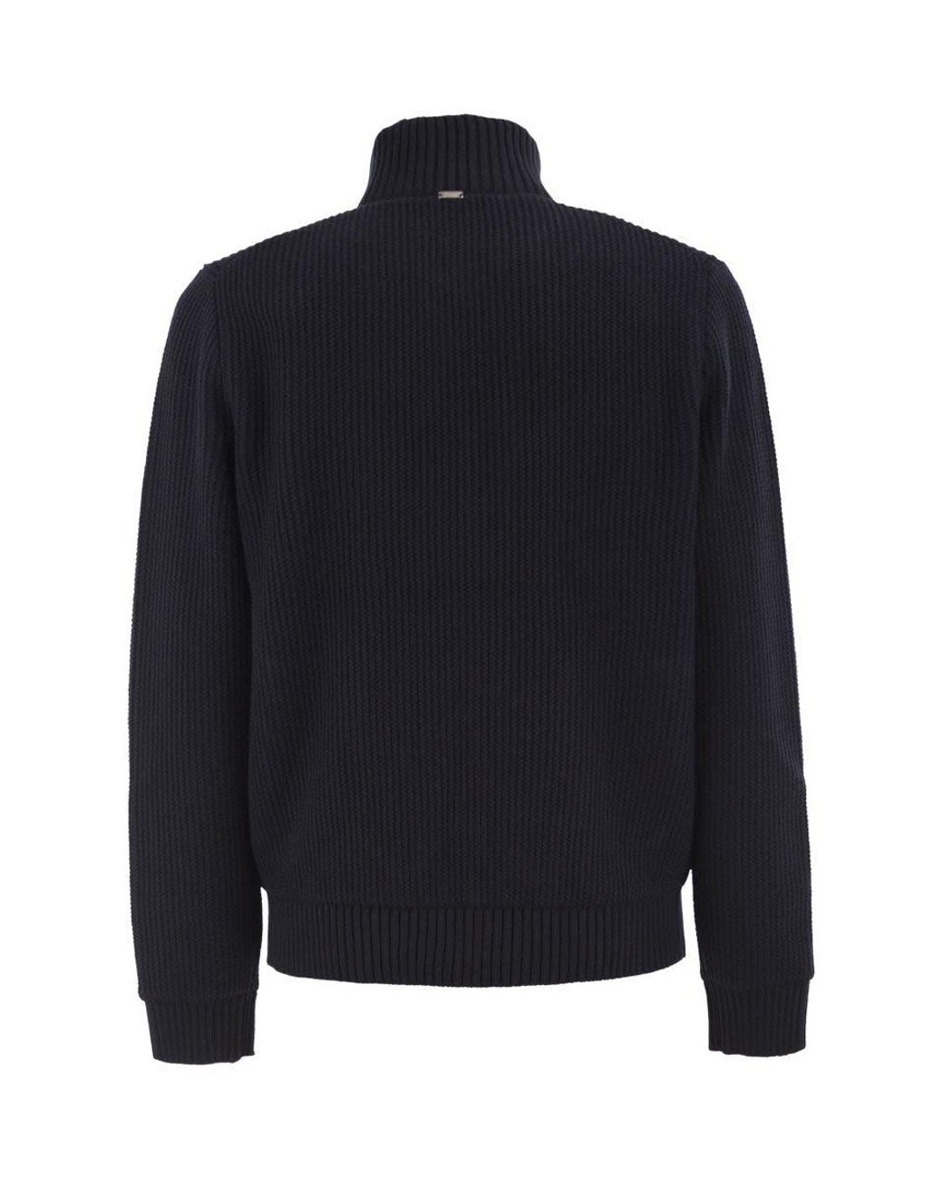 Herno Blue Pure Wool Knit Jacket With High Collar And Faux Fur Lining for men